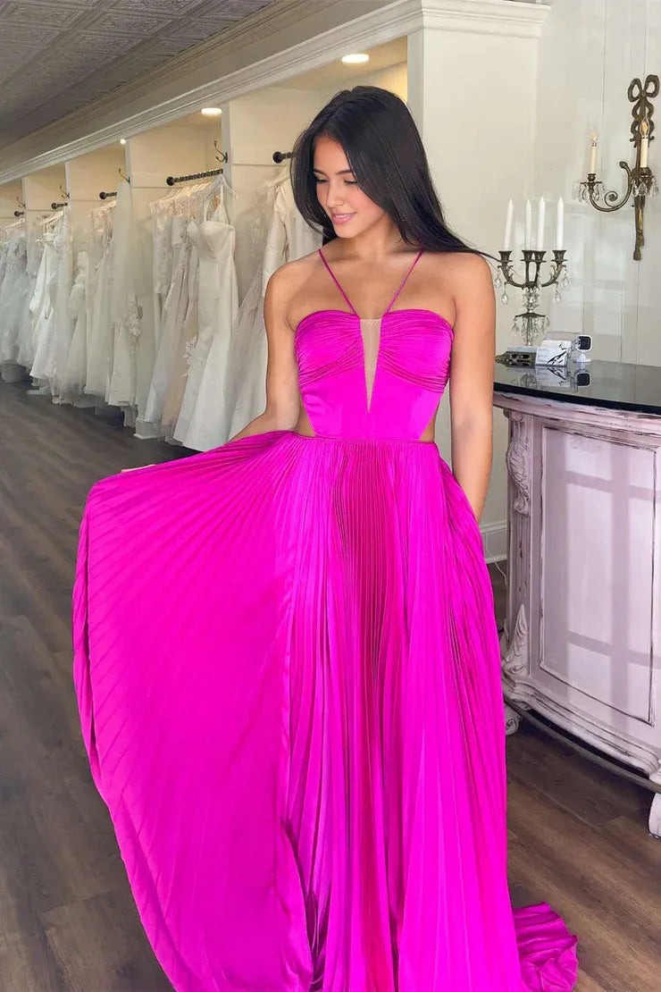 Robe Weitese mignonne trapèze à bretelles spaghetti bleu roi en satin plissé longue robe de bal robe formelle avec nœud